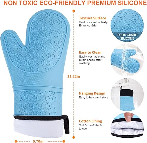 Miniatura 3 de Guantes de horno de silicona resistentes al calor, impermeables, mango flexible, lavable para comida caliente, color azul, extra largo,