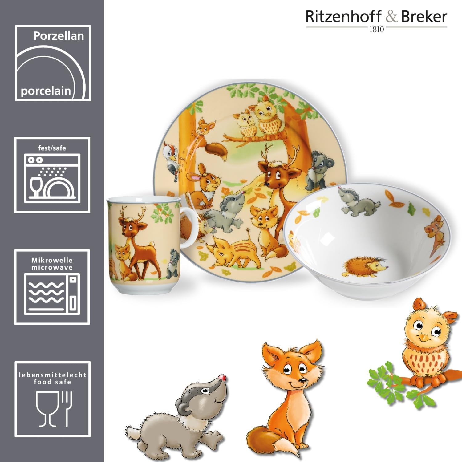 Ritzenhoff & Breker Set di stoviglie per bambini, motivo: animali della foresta, 3 pezzi