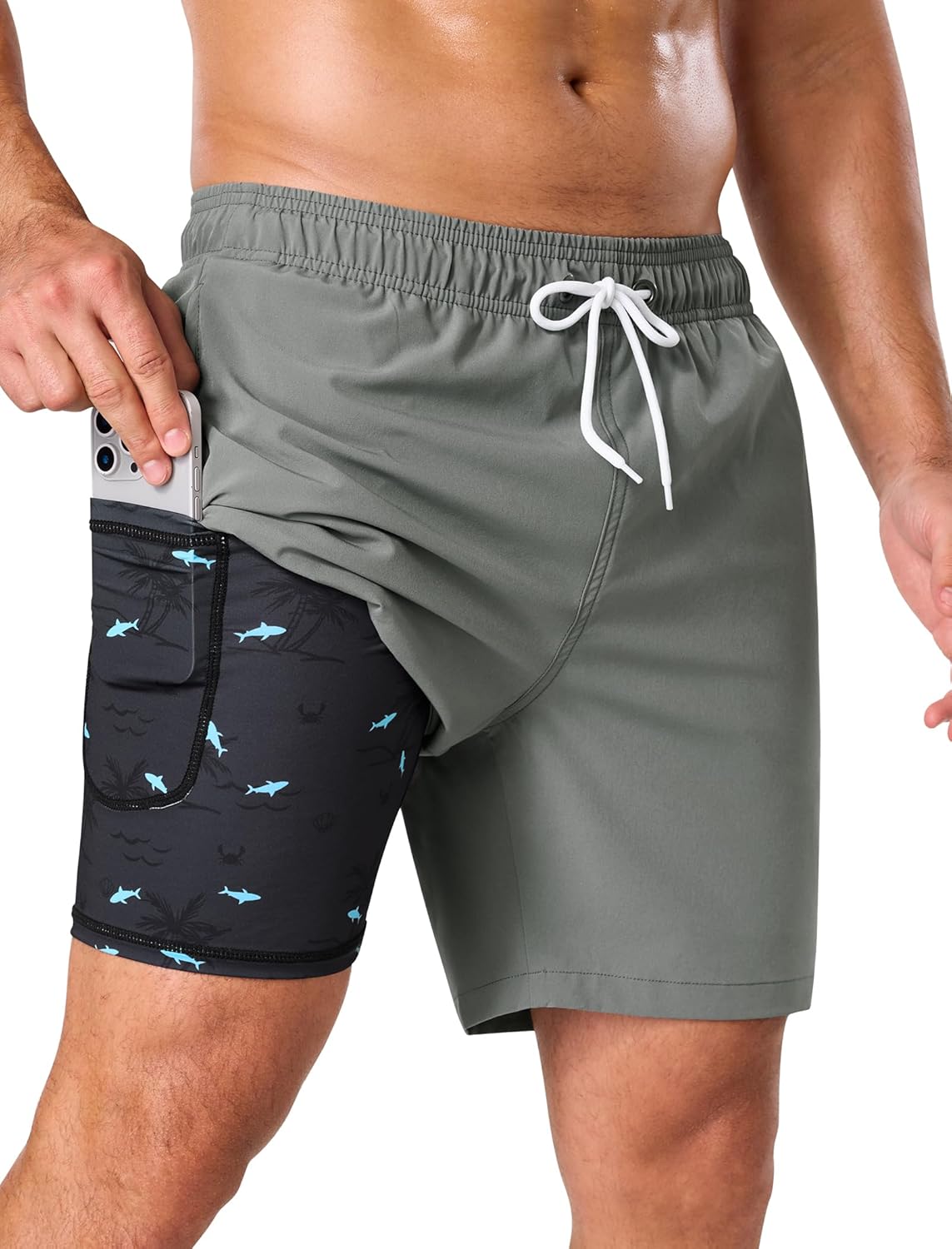 SILKWORLD Mens Swim Trunks with Compression Liner 2 in 1 Quick Dry Bathing Suit 7 Inch Swim Shorts with Zipper Pockets