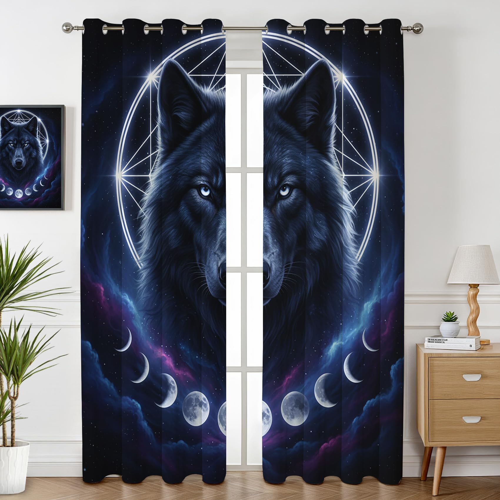 Havenix Galaxy Wolf Blackout Curtains for Bedroom Living Room, Eyelet Curtains 46x72, Thermal Insulated Drapes for Windows, Moon Phase Patterned Window Treatments, 2 Panels