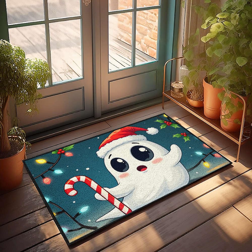 Tapis entrée fantôme mignon portant un chapeau cadeau original pendaison de crémaillère