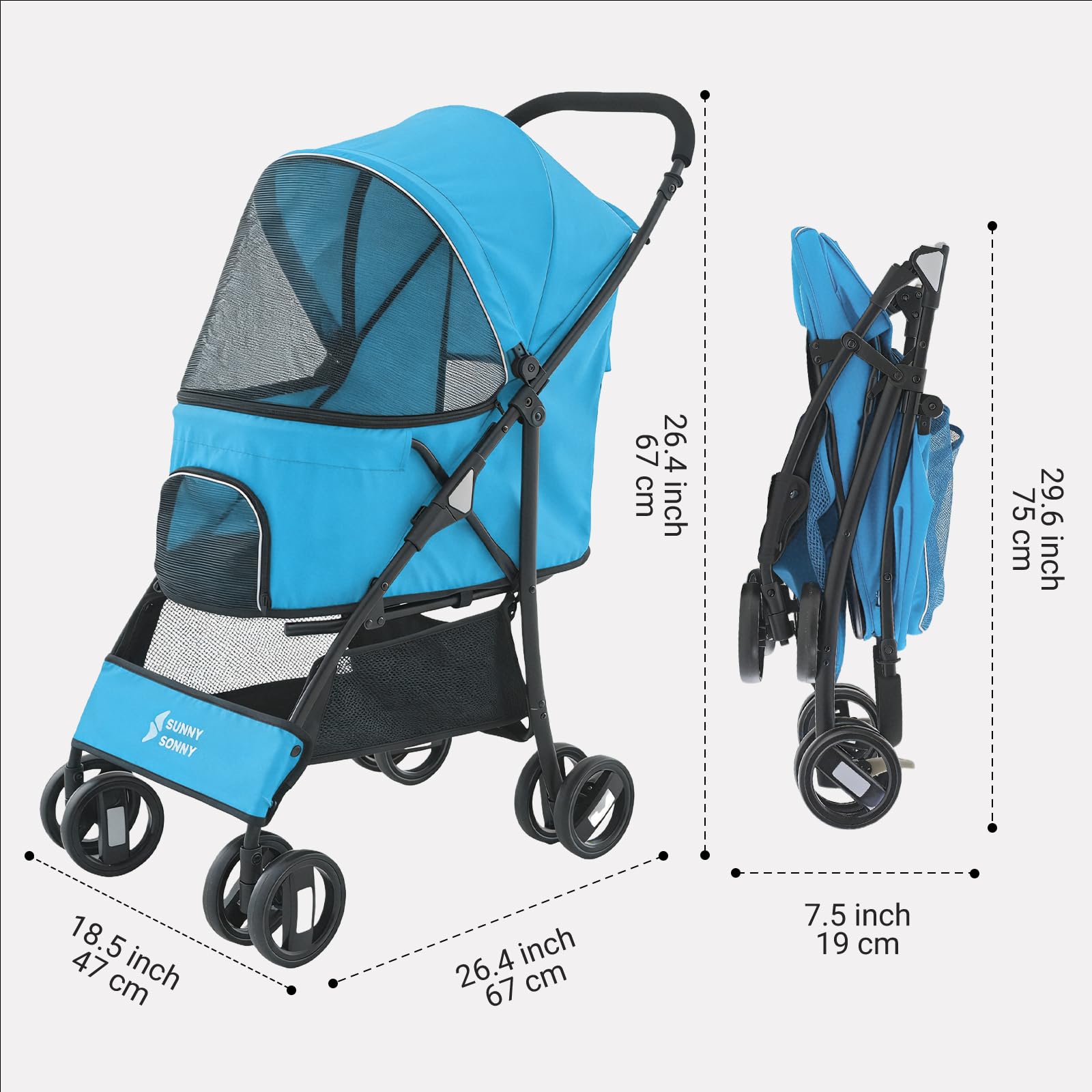 Sunny Sonny Faltbarer Jogger Haustier-Kinderwagen mit Wetterabdeckung, Aufbewahrungskorb, Haustier-Tragetasche für S/M Hunde und Katzen bis zu 15 kg (Blau)