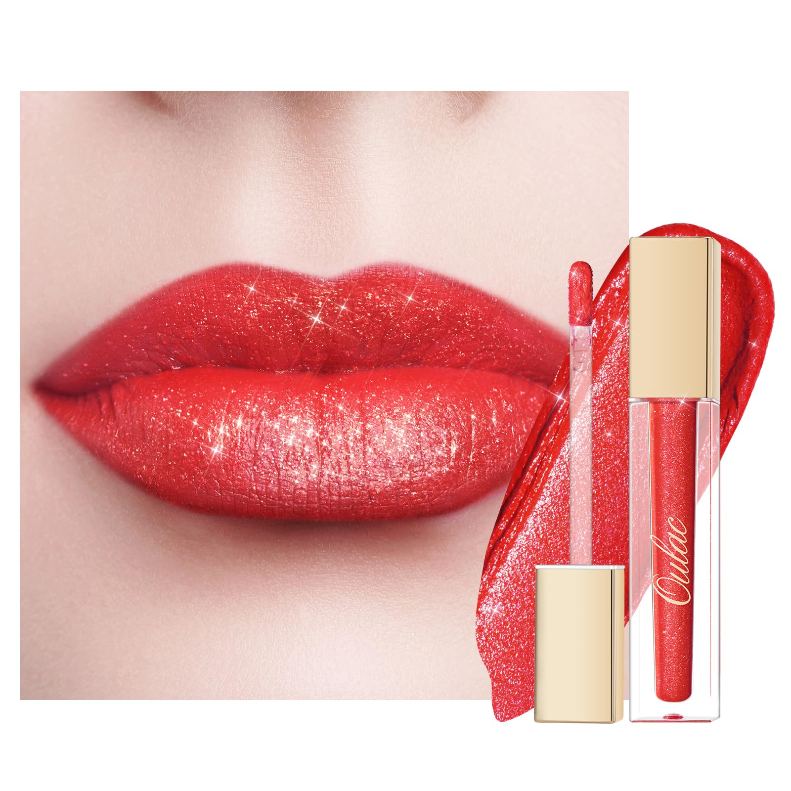 Oulac Coral Red Matte Lipstick for Women Glitter Liquid Lip Stick with Sequin, Long Lasting Lip Stain, High Impact Lipcolor