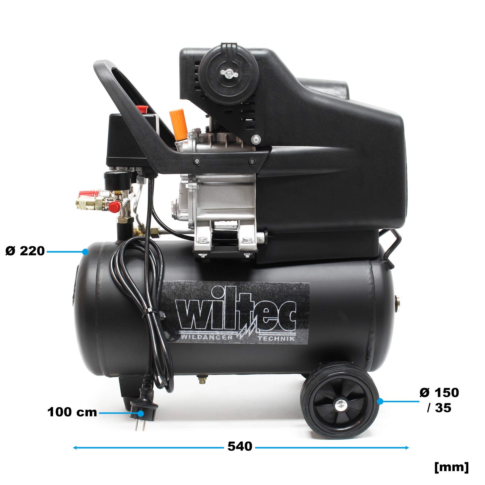 Wiltec Compresseur d'air avec Réservoir de 24 l – 540 x 260 x 600 mm – 1100 W 1,5 CV – 206 l/min – Outil d’atelier Mobile avec Roues et Poignée