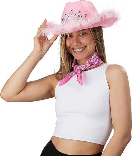 Miniatura 2 de Sombrero de vaquero rosa Tiara de corona parpadeante iluminada, sombrero de vaquera rosa con plumas de boa con pañuelos de cachemira rosa claro