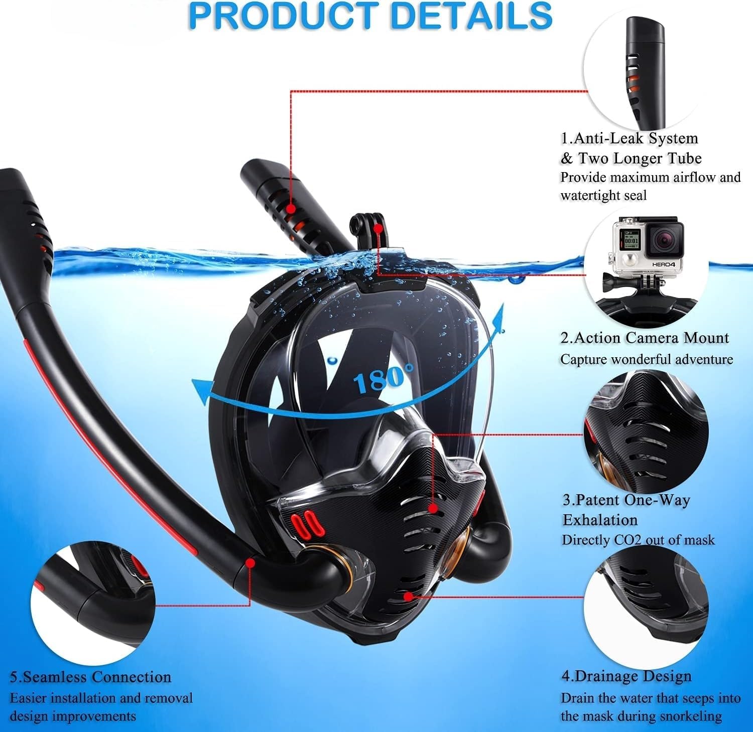 Full Face Snorkel Mask for Adults, Diving and Snorkeling Universal Fit Double Tube Breath Separation Camera Stand Anti-Fog Mirror Independent Exhaust Valve (Black)