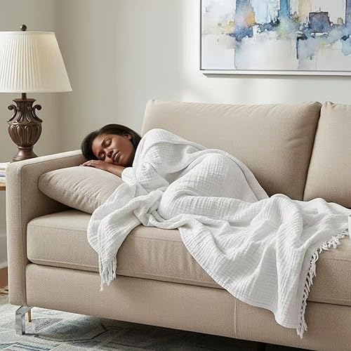 Miniatura 5 de Manta KyraHome de muselina 100 % orgánica para sofá, transpirable, súper suave, 100 % algodón, acogedora, ligera, cálida, suave, para todas las