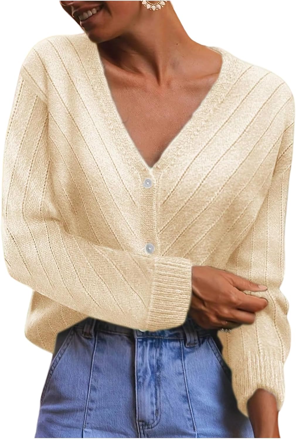 BEAUDRM Women's Vintage Hollow Out Cardigans Button Down V Neck Long Sleeve Oversize Knitted Sweaters