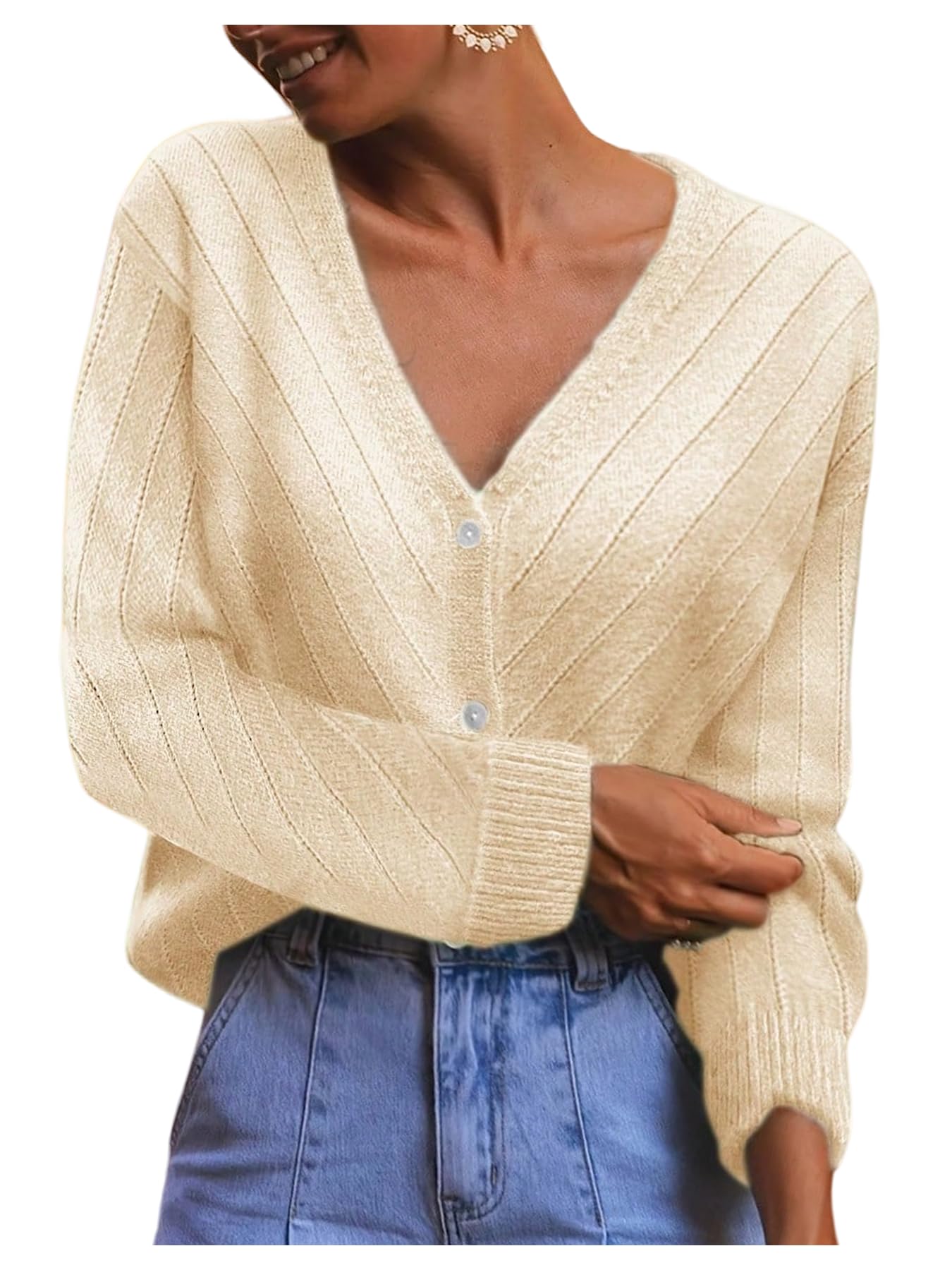 Womens Vintage Hollow Out Cardigans Button Down V Neck Long Sleeve Oversize Knitted Sweaters
