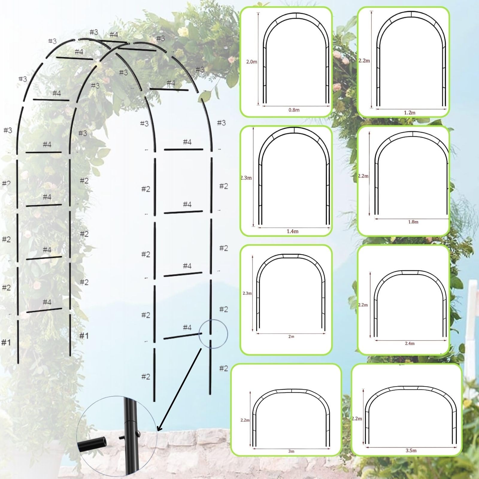 Solidny metalowy łuk ogrodowy 200, 220, 230 cm, odporna na warunki atmosferyczne, kratka do roślin pnących i róż, zielona, 240 szer. x 220 wys. cm, idealna dekoracja i wsparcie na zewnątrz