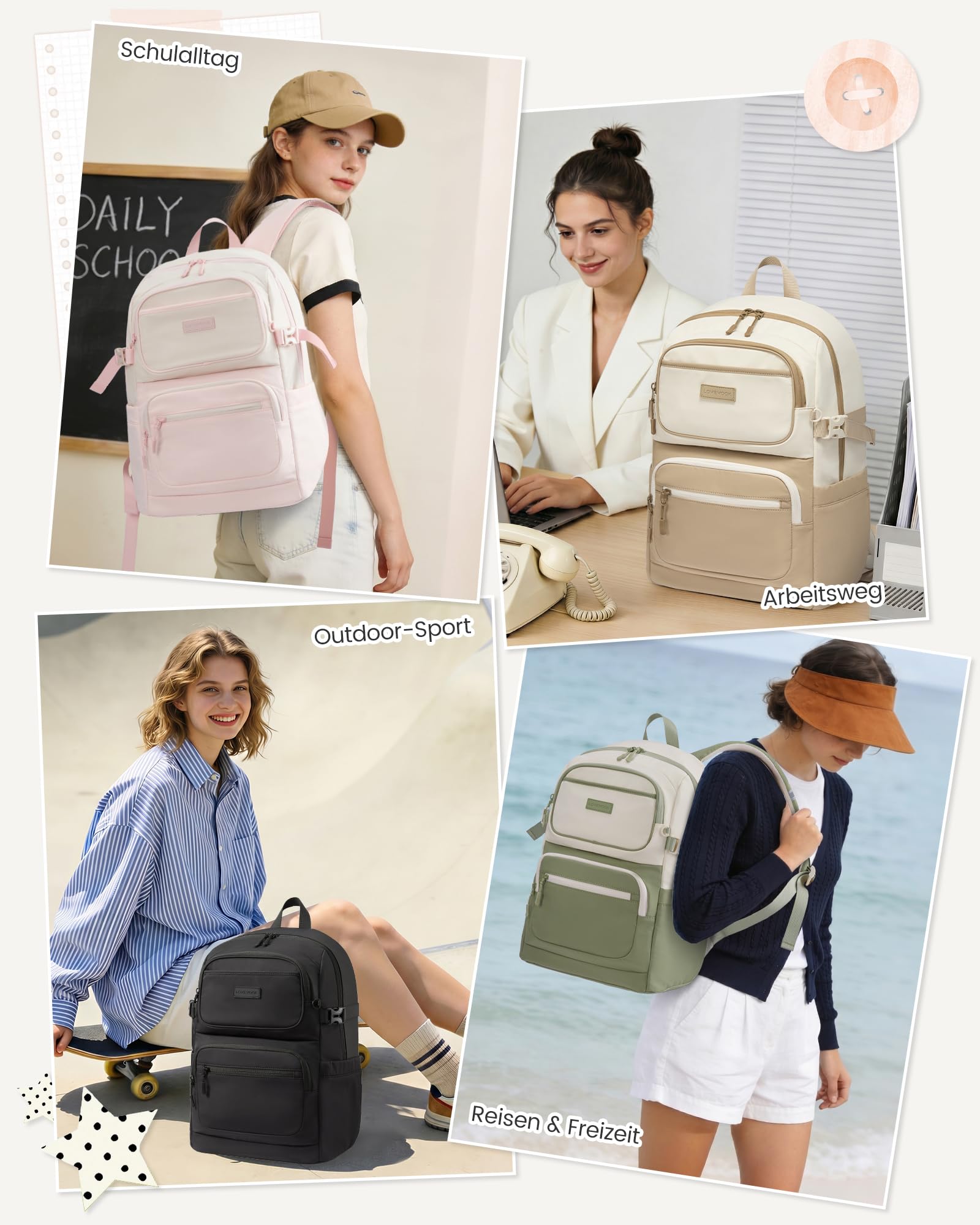 LOVEVOOK Zaino da donna, 15,6 pollici, per la scuola, per adolescenti, con grande scomparto, 1-cachi-beige, L, Casual