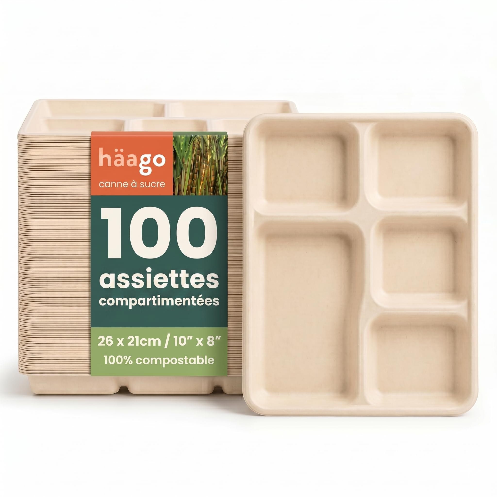 HAAGO 100 Assiettes Solides Compostables à 5 Compartiments 26×21cm – Plateaux Repas Rigides en Bagasse de Canne à Sucre, Anti-Graisse & Anti-Fuites – Pour Chaud & Froid, Fêtes, Pique-nique, Traiteur