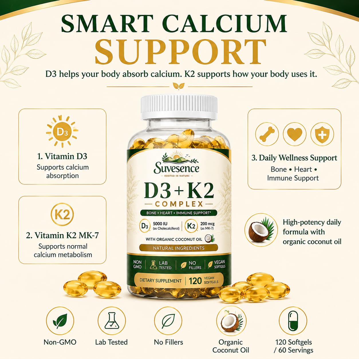 High Potency Vitamin D3 + K2 200 Natural Supplement, 120 Veggie Softgels — Amazon image 3