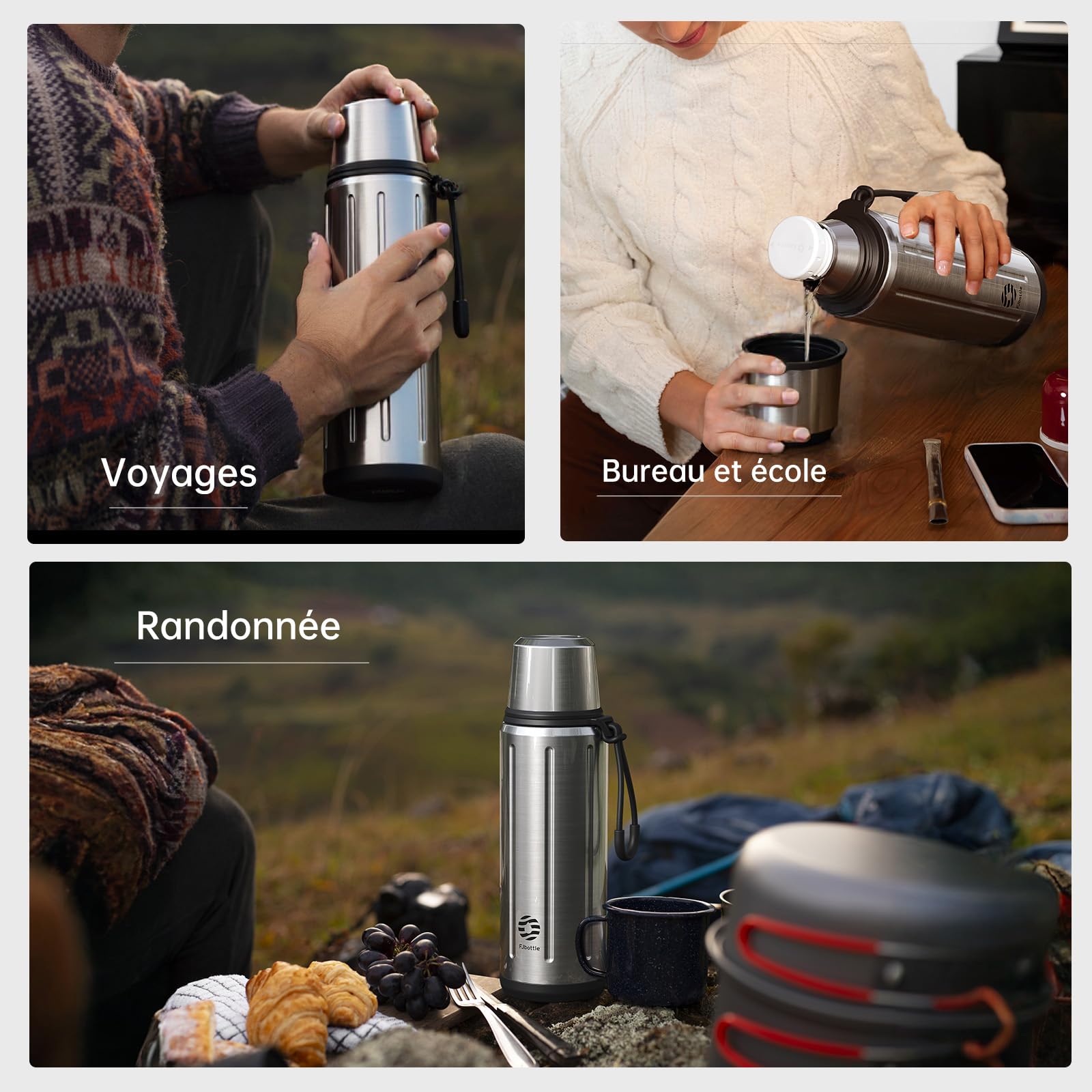 1L Thermo Café Isotherme avec Tasse(72h Froides et 24h Chaudes) Termosse Cafe Chaud avec Fond Amovible et Thé Filtre sans BPA Pour les Déplacements, le Bureau et l'école(Argent)
