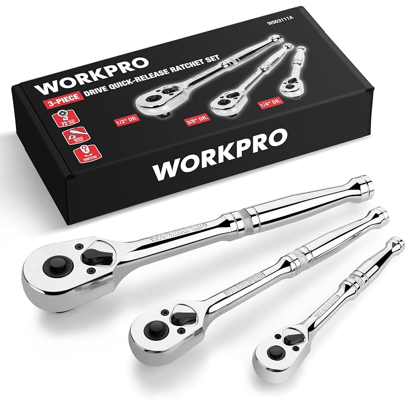 Jogo de Chaves de Catraca WORKPRO com 3 Peças, Encaixes de 6,35 mm, 9,5 mm e 12,7 mm (1/4, 3/8 e 1/2 pol.), 72 Dentes