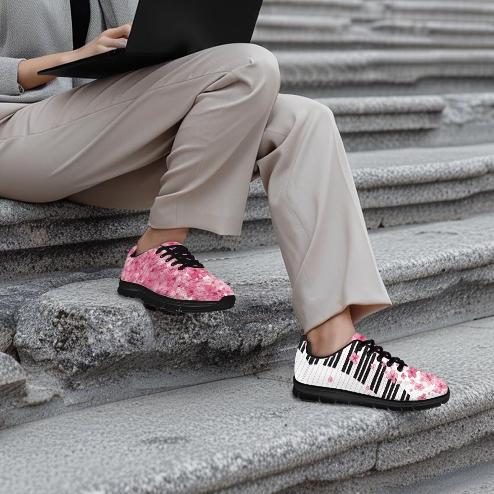 Jeiento Scarpe da ginnastica da donna, comode, antiscivolo, con motivo musicale, stringate, sportive, da corsa, casual, da lavoro