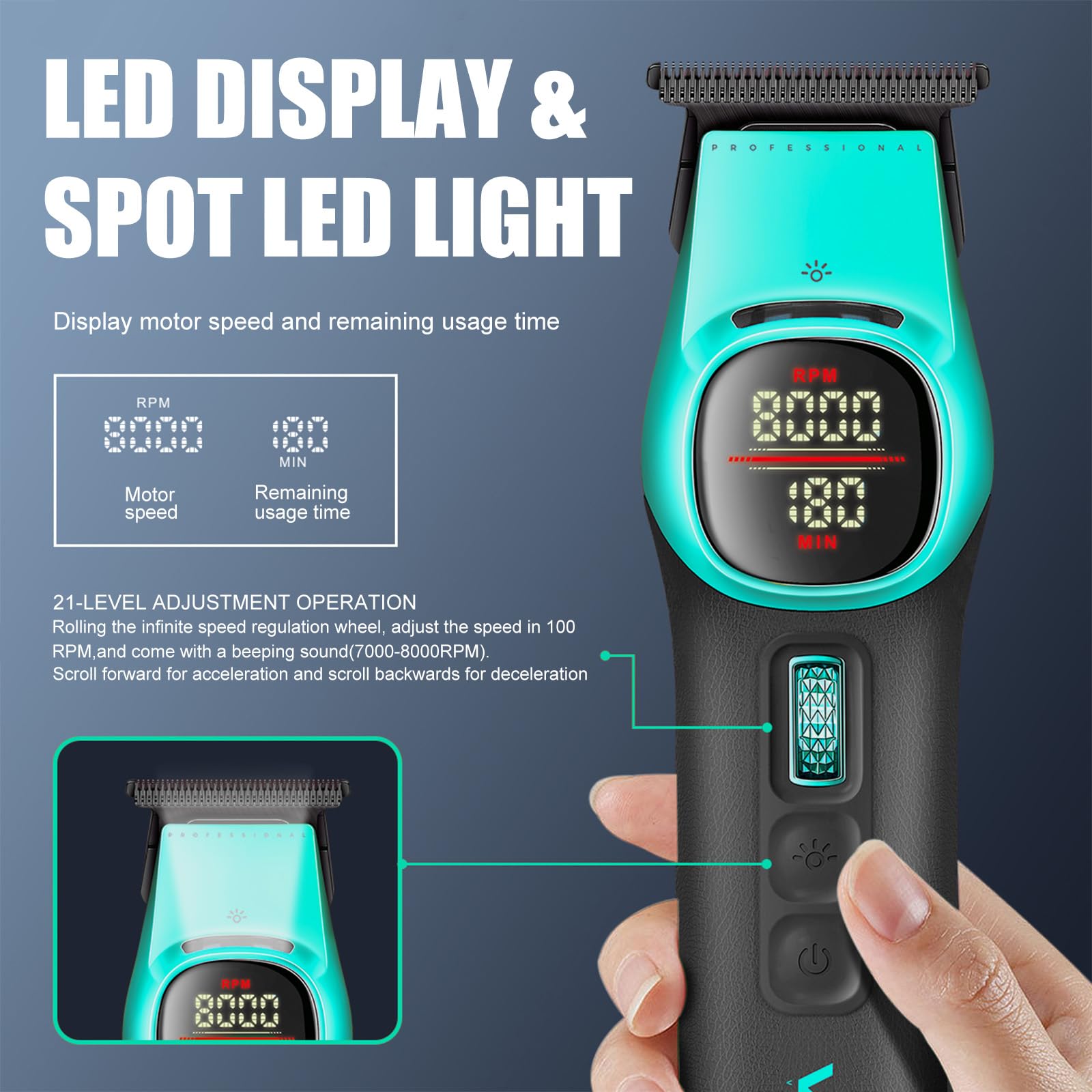 VGR 885T - Rasoio per capelli da uomo, T-Blade, display a LED, 180-220 min | Spot luce LED, 6000-8000 giri/min, velocità 21 livelli, batteria 2000mAh, manico in silicone design antiscivolo