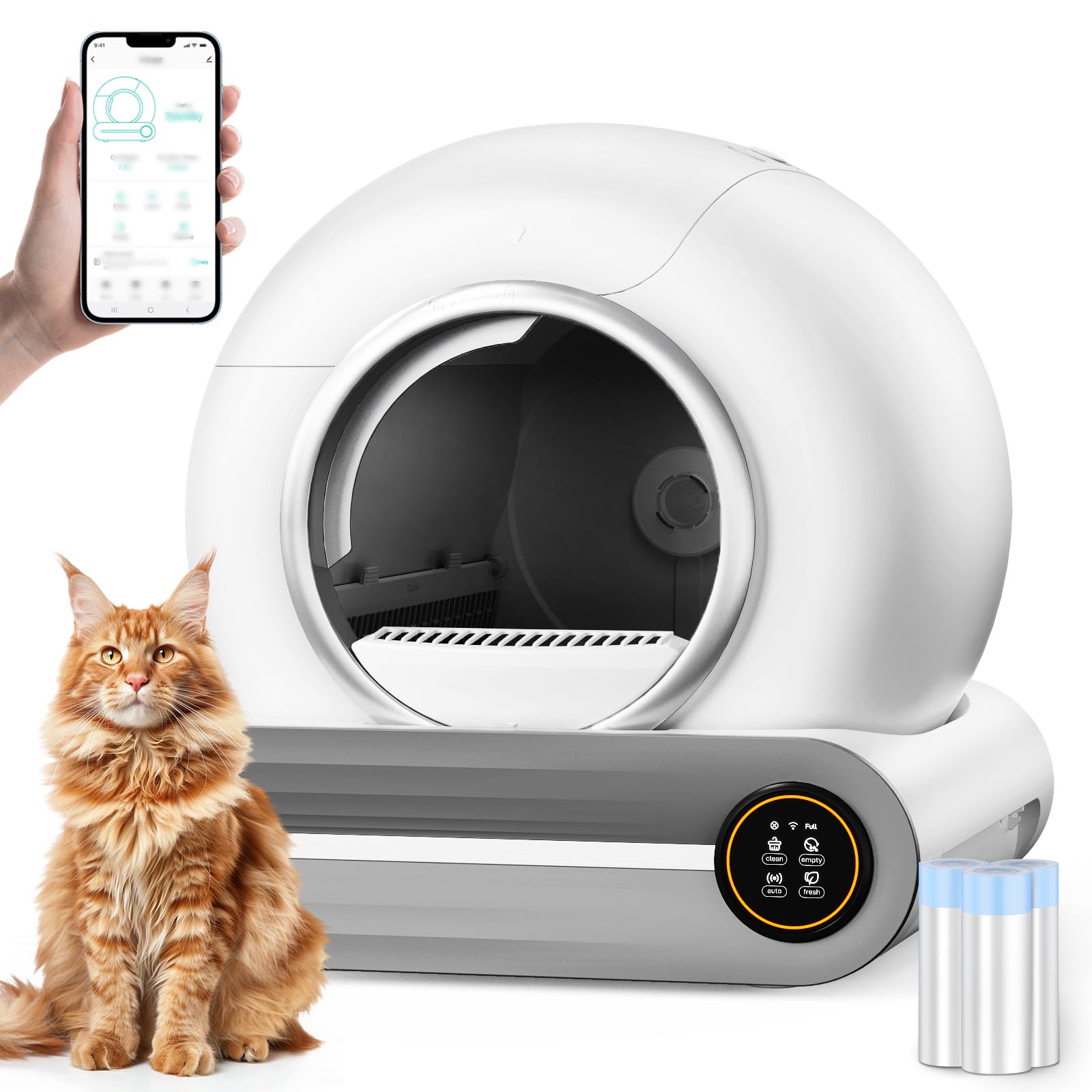 SUW Self Cleaning Litter Box, Automatic Cat Litter Box for Multiple Cats, 65L+9L Robot, 3 Rolls Grabage Bags Liner, 1 Odor Eliminator, Negative ion Deodorization, APP Control, Toilet Monitorin, White