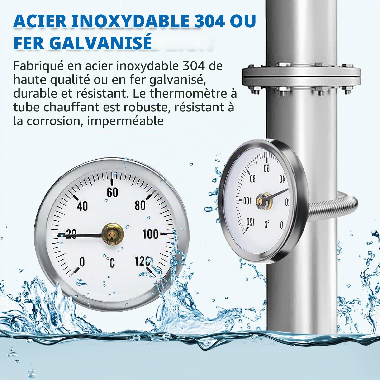 Thermomètre Industriel Pour Tuyauterie, 5 Pièces Température Bimétallique étanche à La Poussière De 63 mm, Thermomètre à Ressort, Thermomètre 0-120° Avec Ressort Clip Pour 20 mm à 60 mm