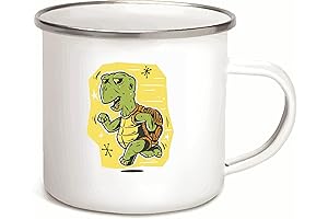 12oz Enamel Silver Mug with Running Turtle Cartoon Design to Encourage Persistence of Memory