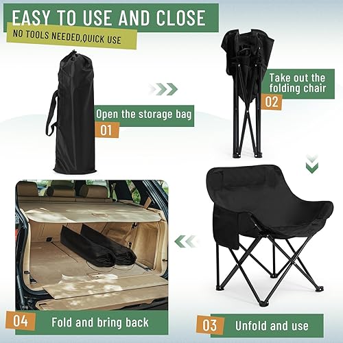 Miniatura 5 de Paquete de 2 sillas de campamento compactas portátiles plegables para exteriores con bolsa de transporte, sillas lunares ligeras para viajes,