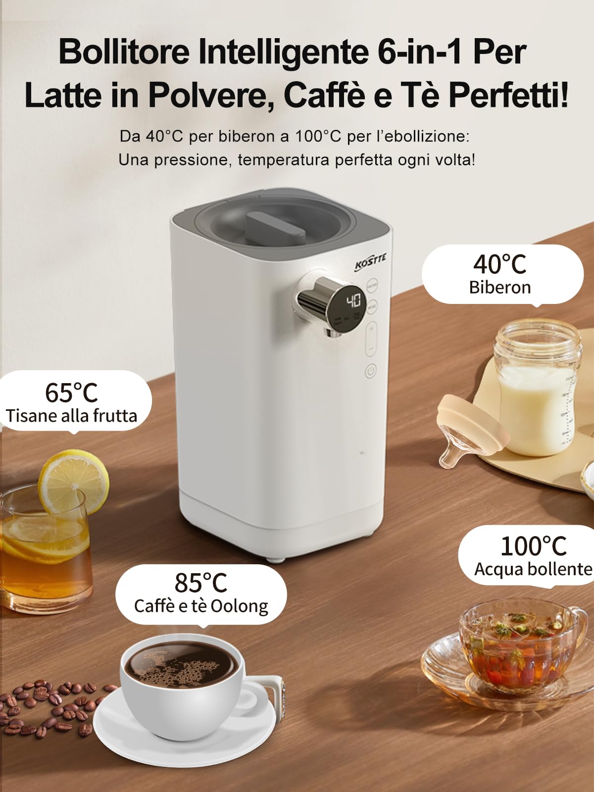 Preparatore di Biberon, Scaldabiberon, Bollitore elettrico bollitore acqua elettrico, Scaldabiberon istantaneo, Funzionamento Rapido con una sola mano, Sistemi Termostatici Intelligenti, 1.5L