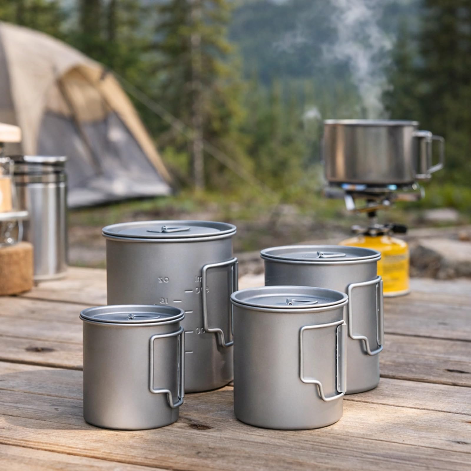 Lot de 4 mugs de camping en titane pur, gobelets à double paroi avec couvercles, 200 ml, 300 ml, 450 ml et 750 ml, légers, empilables et portables, pour randonnée, backpacking et voyage