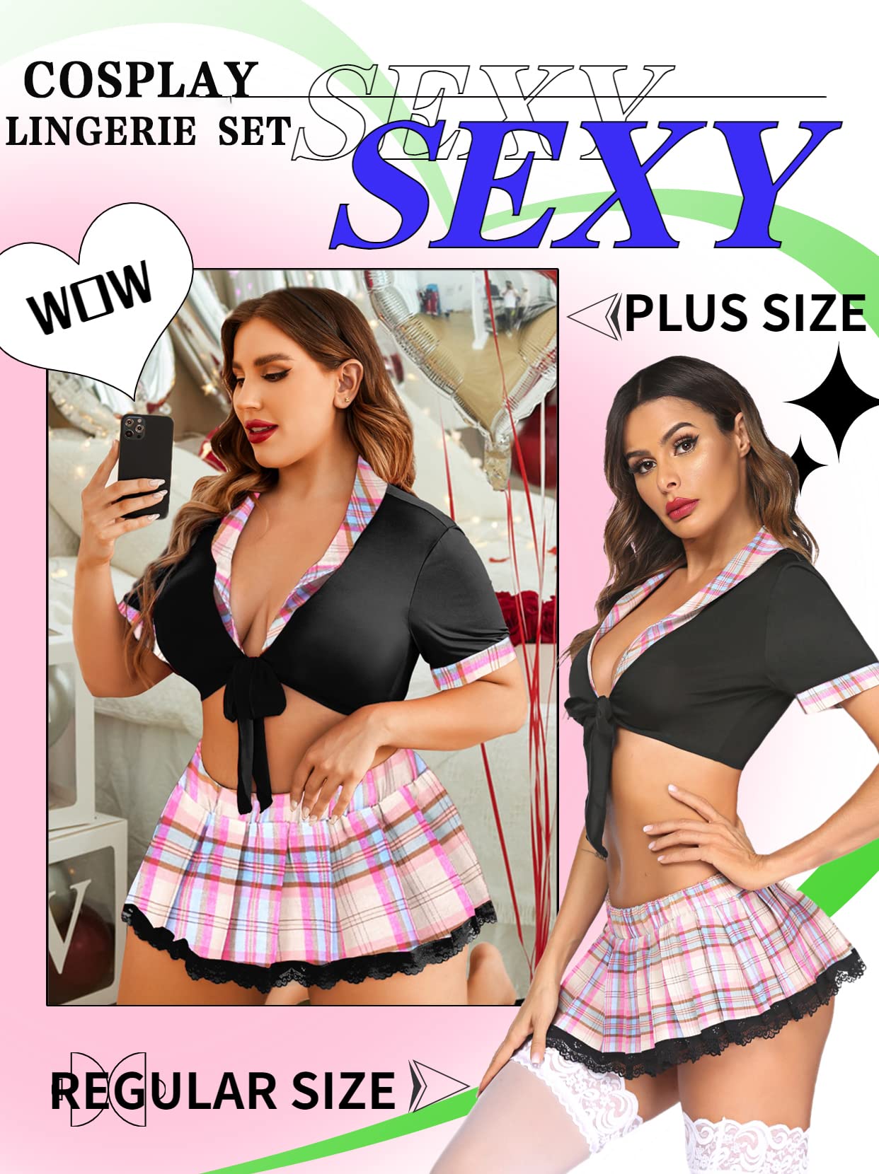 ADOME Lingerie for Women Sexy Schoolgirl Costume 0utfit Lingerie Set Lace Student Cosplay Roleplay with Top and Mini Skirt