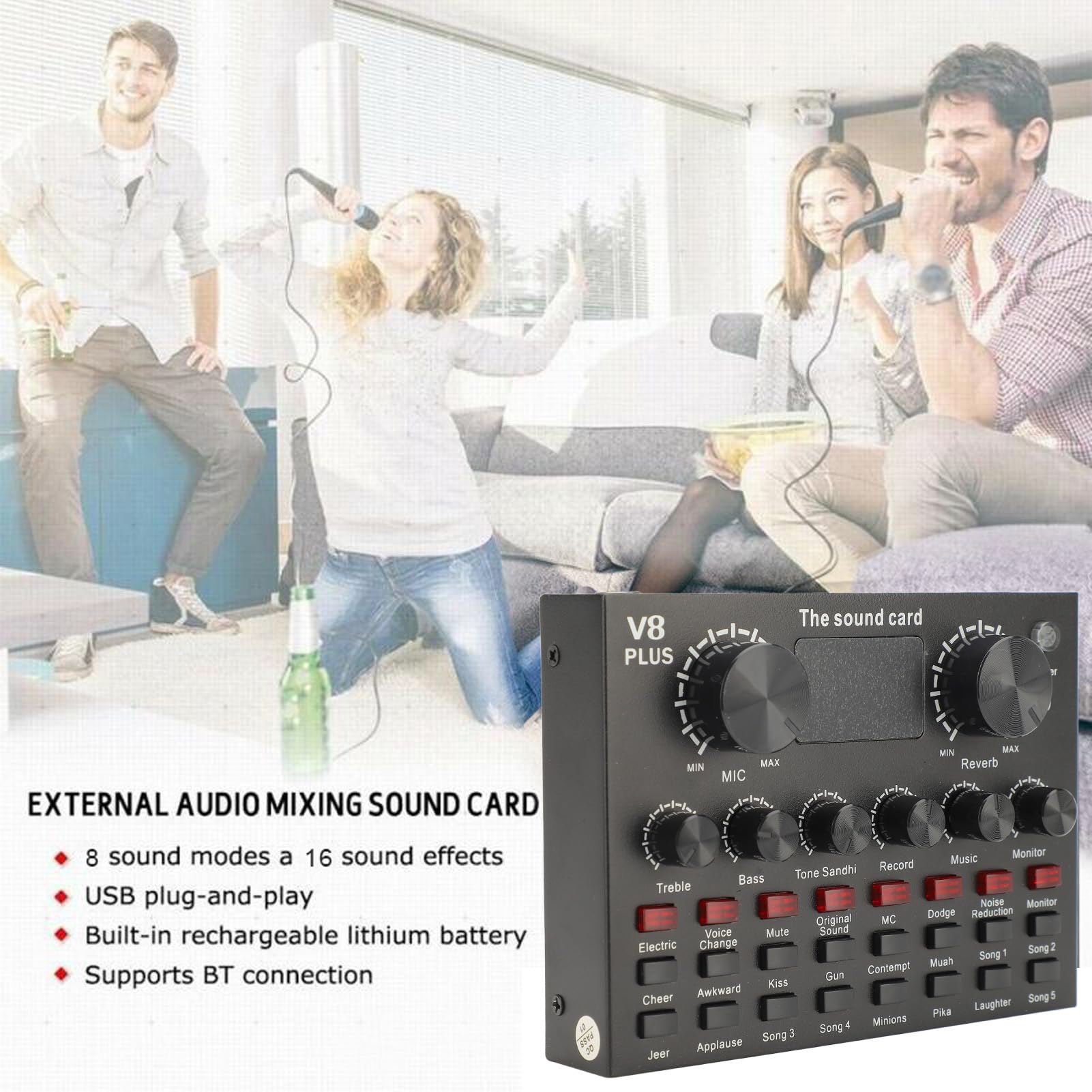 Tarjeta de Sonido en V8-Plus, Tarjeta de Sonido Mezcladora de Podcasts de Grabación de Karaoke Externa USB con Bluetooth 5.0, Micrófono Incorporado, para Grabación de