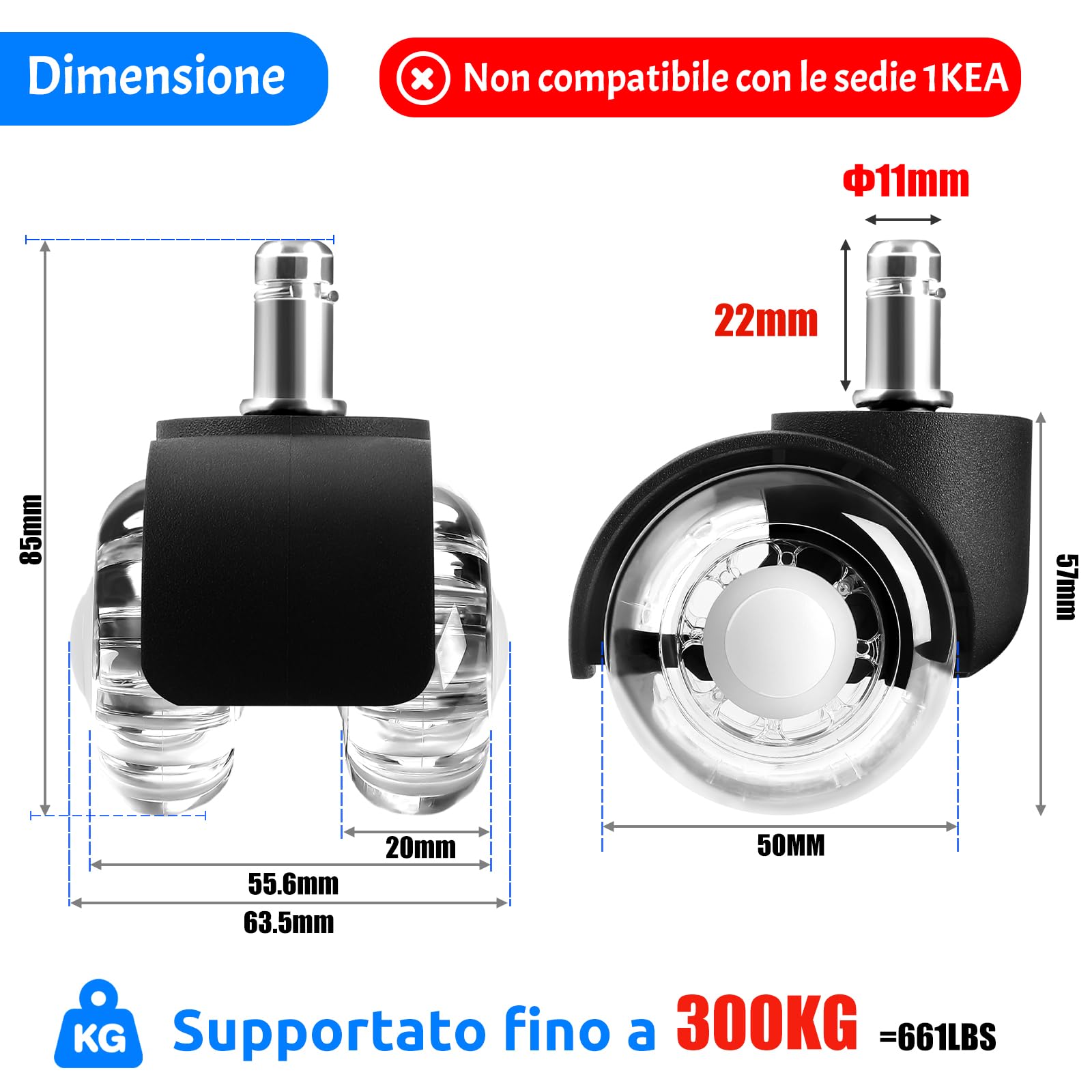 LUZOON Ruote Sedia Ufficio, 11X 22MM Set di 5 Rotelle Sedia Ufficio, Compatibili con Diversi Tipi di Pavimenti,Ruote per sedia Ufficio, Parquet (11 * 22mm)