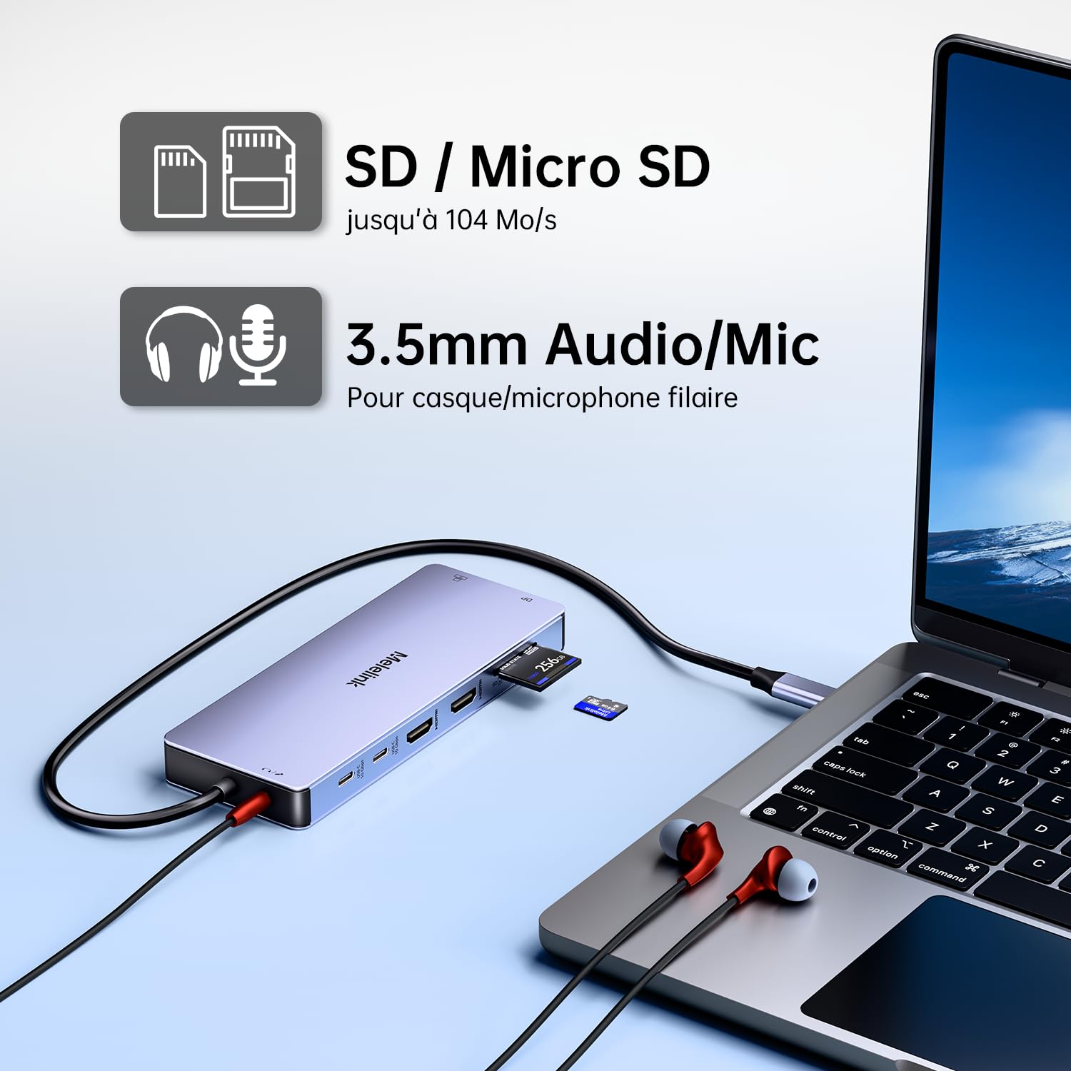 Melelink Station d'accueil USB C Double Moniteur, Dock USB C 15 en 1 Docking Station Dual HDMI 4K 60Hz, 8K DP, 7*USB, Gigabit Ethernet, PD 100W, SD/TF et 3.5mm Audio, Hub USB C pour Dell HP Lenovo