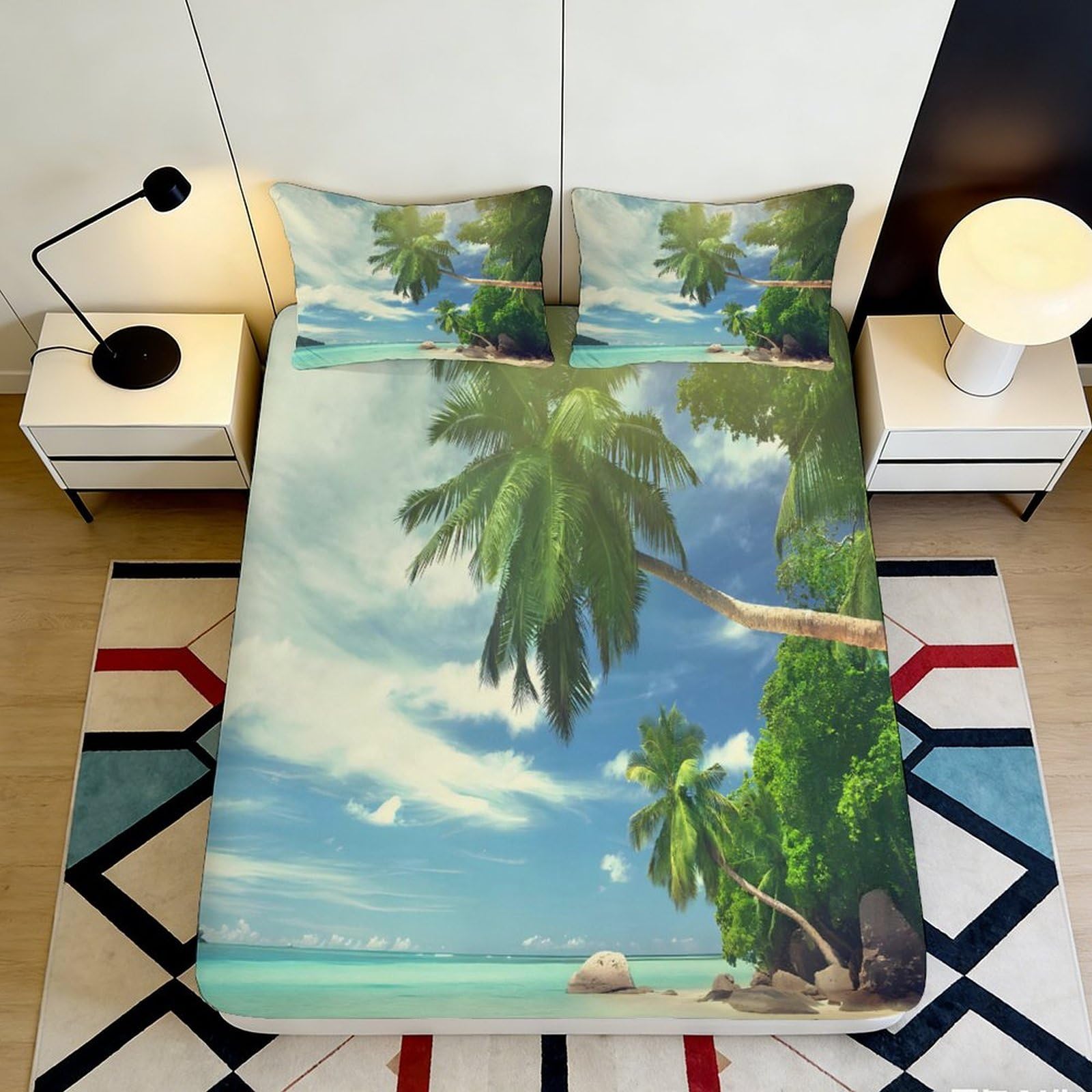 3D Printed Tropical Beach Palm Fitted Sheet Microfiber Non-Slip Mattress Cover Ocean Island Bed Decor for Bedroom 180x200x25cm