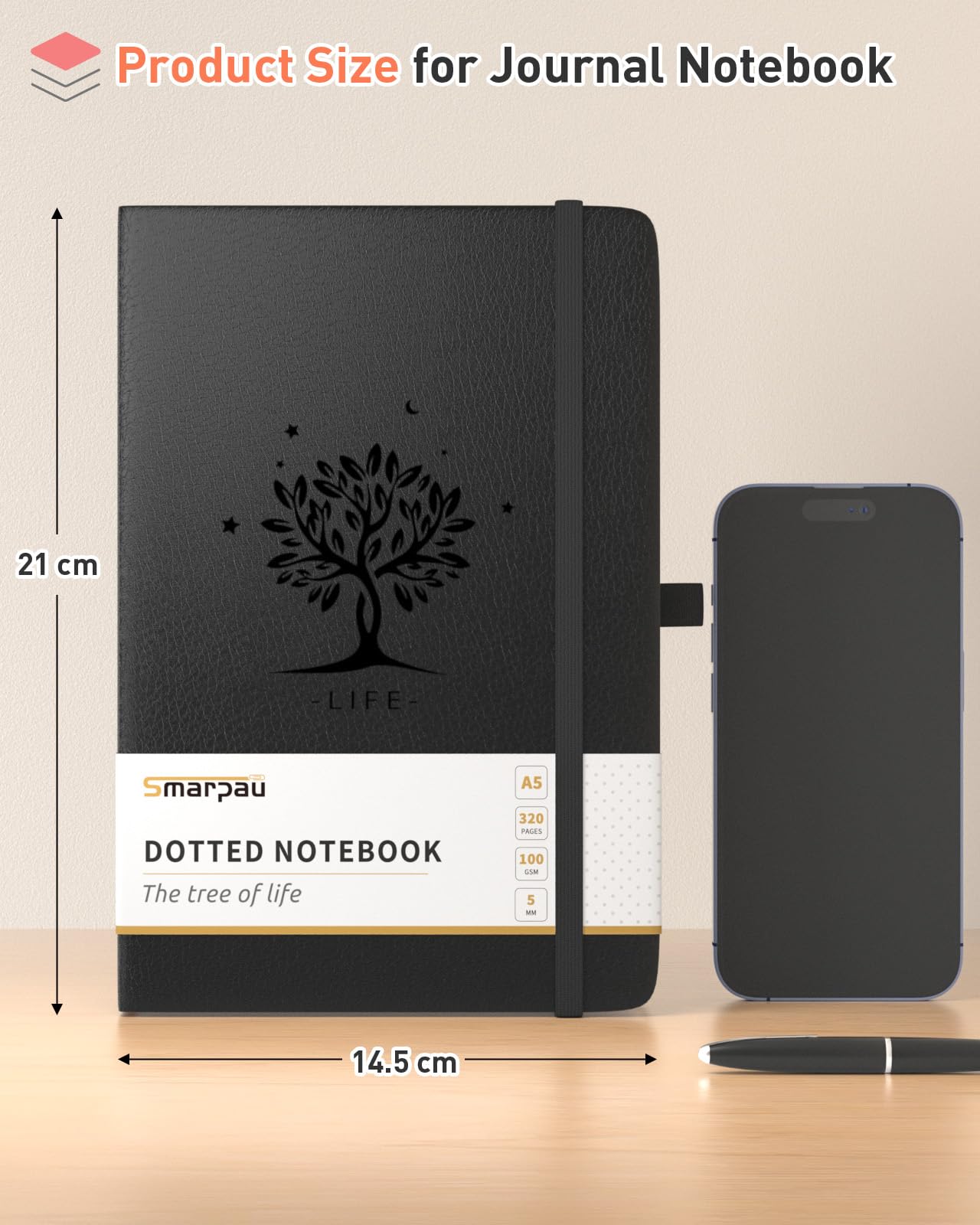 Smarpau Bullet Dotted Journal A5, Hardcover Leather Journal Notebook 320 Pages, 100GSM Thick Paper No Bleed - Image 2