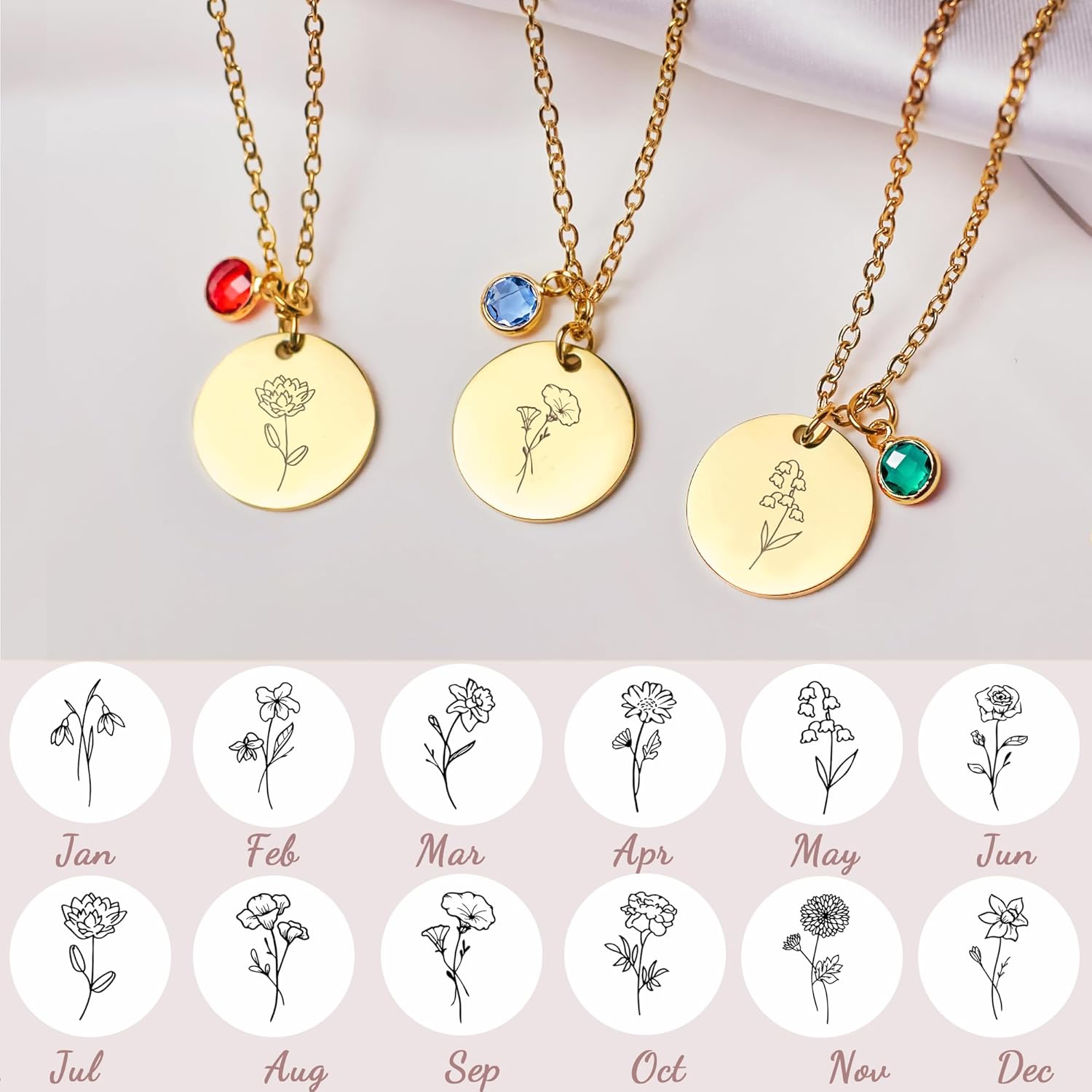 Birth Flower Necklaces for Women, 18K Gold Plated Dainty Birthstone Pendant Necklaces Handmade Birth Month Flower Jewelry Disc Coin Birthday Gifts for Women Girls Teens - Image 2