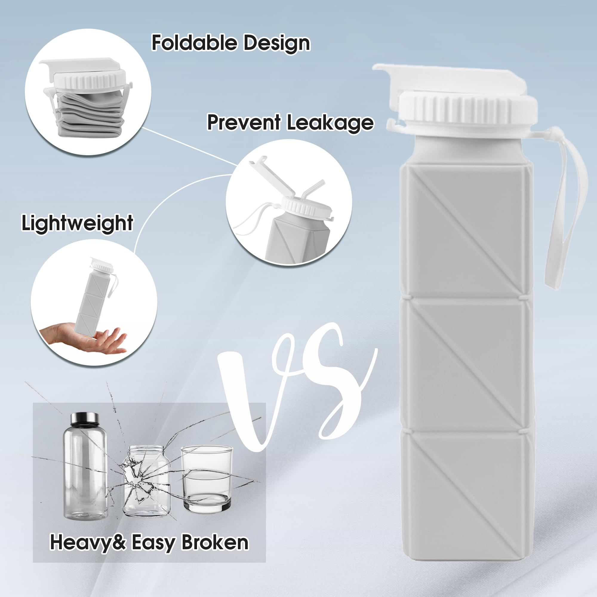 Botella De Agua Térmica De Silicona Plegable Portátil 600ml Gris