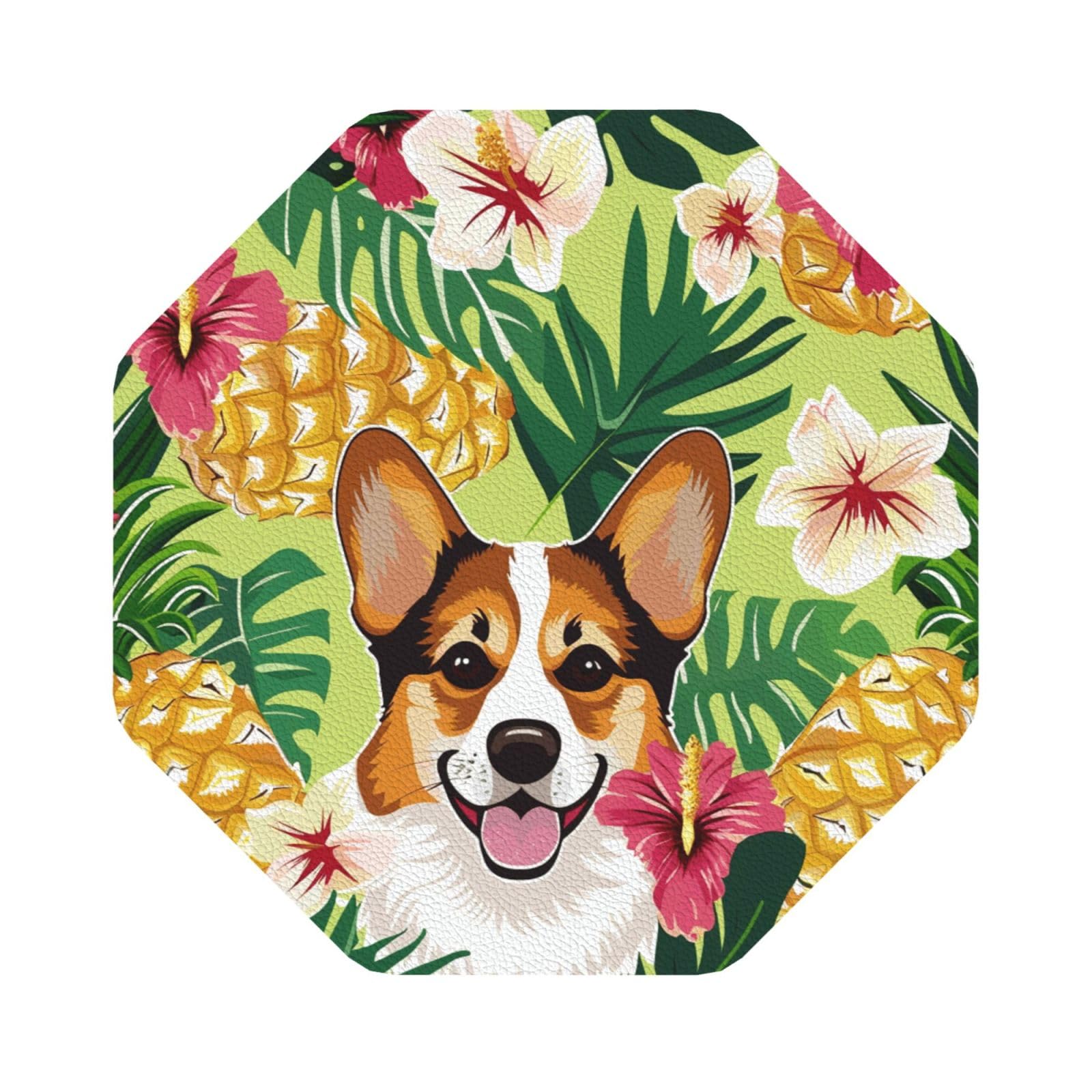 Corgi Hawaiian Tropical Summer Pineapple Print Leather Coaster Set of 6, Octagon Coasters Table Decorative Coffee Cup Beverage Coasters Wine Beer Bar Coasters for Hot Drinks Table Protection