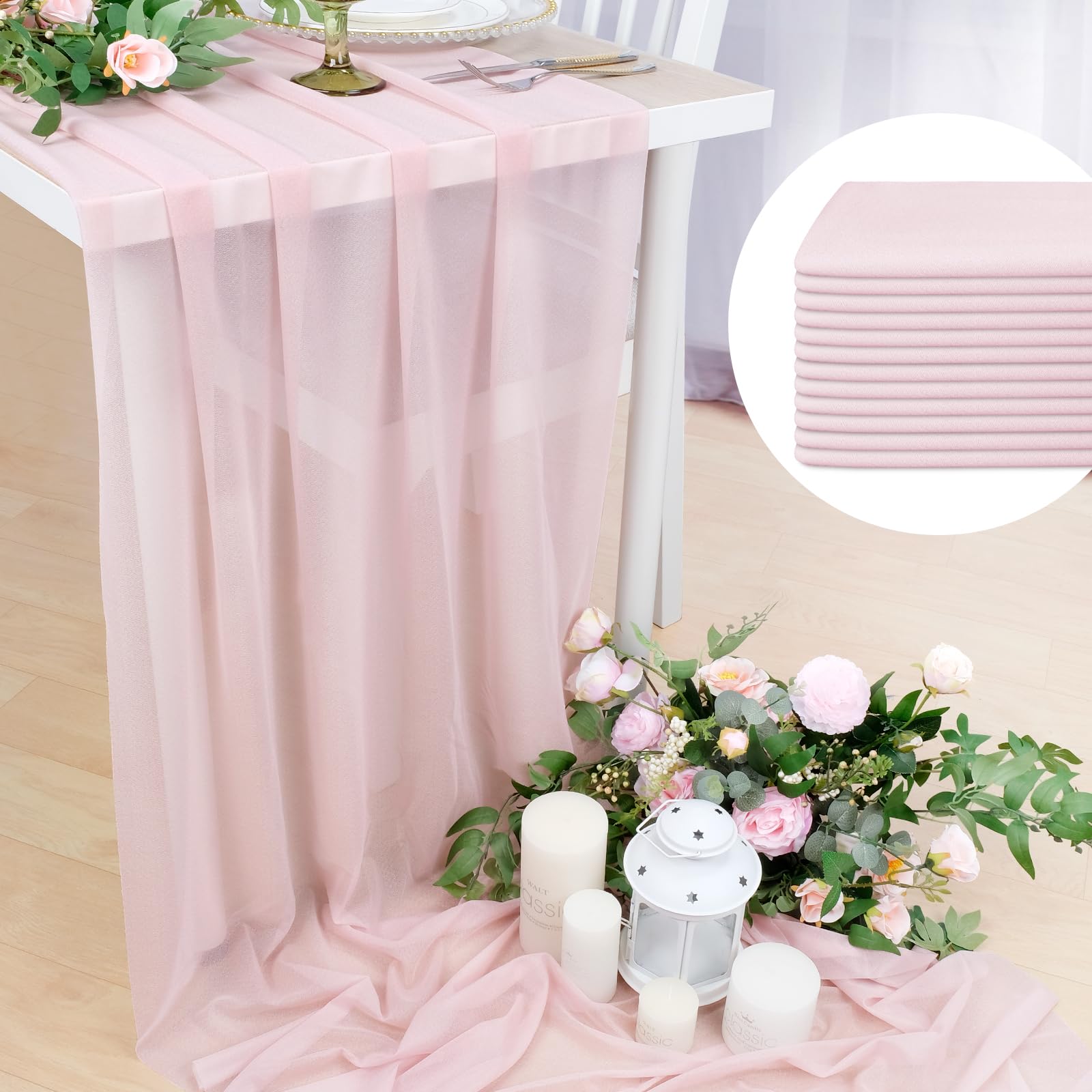 Babenest 12pcs Dusty Rose Gauze Table Runners, 13ft Boho Rustic Chiffon Like Sheer Runner, 31x160 Inches Long Tulle Fabric for Bridal Baby Shower, Wedding, Party, Christmas Decorations