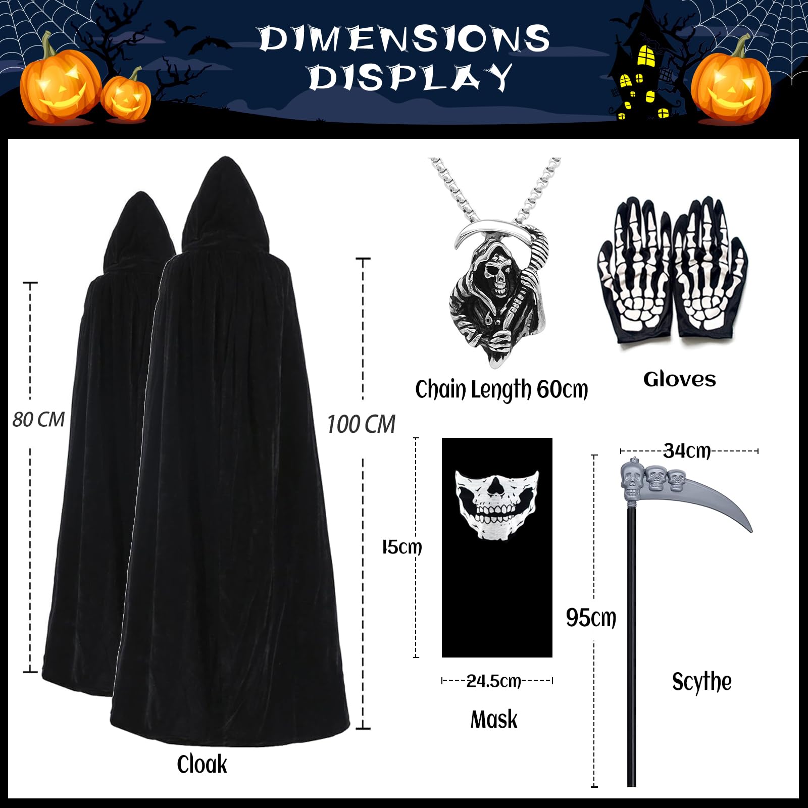 ATOWORLD Halloween Grim Reaper Costume Kids Boys 5-6 6-7 Skeleton Kids Girls Grim Reaper Cloak Black Halloween Scythe Grim Reaper Cape Scream Costume Mask Gloves Grim Reaper Outfit Skeleton Necklace - Image 4