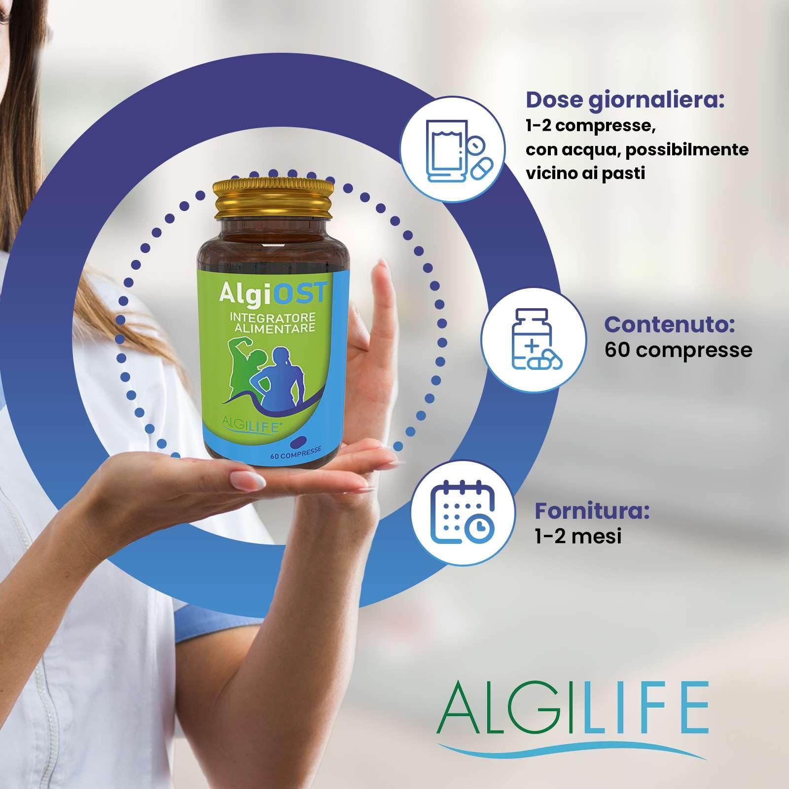 Calcio Magnesio Zinco e Vitamina D3 K2, Vitamina C, Manganese (60 Compresse Vegane) AlgiOST ALGILIFE - ZMA Integratore Magnesio, Calcio Integratore, Zinco Integratore per Ossa, Denti, Articolazioni