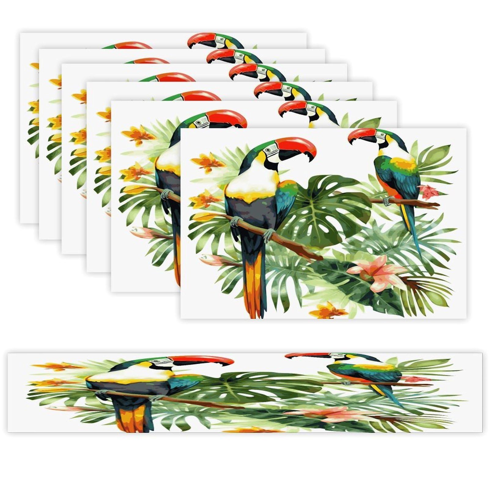 Toucans Parrot Palm Tree Leaves Table Runner and Placemats Set of 6 Wipe Clean Heat Resistant Table Mat with Table Runner Decorations Flax Linen Place Mat Set for Home Kitchen Party Supplies