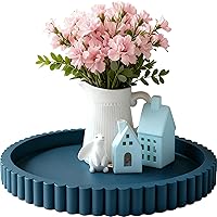 KULEDM Handmade 12in Blue Wooden Round Decorative Tray for Coffee Table, Kitchen Counter, Living Room & Home Decor