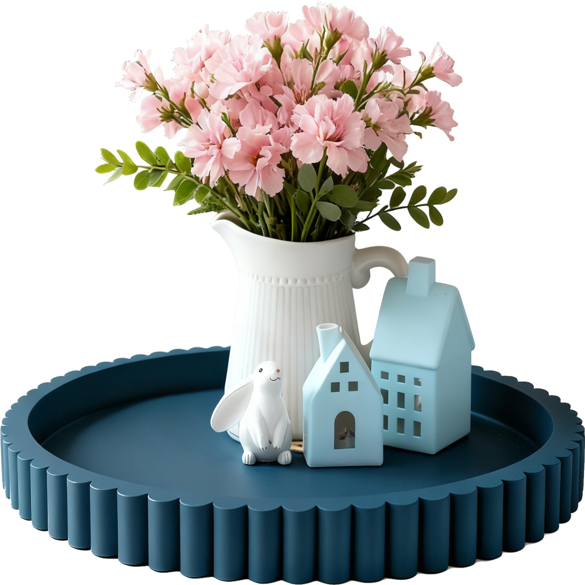 Handmade 12in Decorative Tray for Coffee Table Tray Decor, Blue Wooden Decorative Round Tray for Kitchen, Living Room, Home Decor