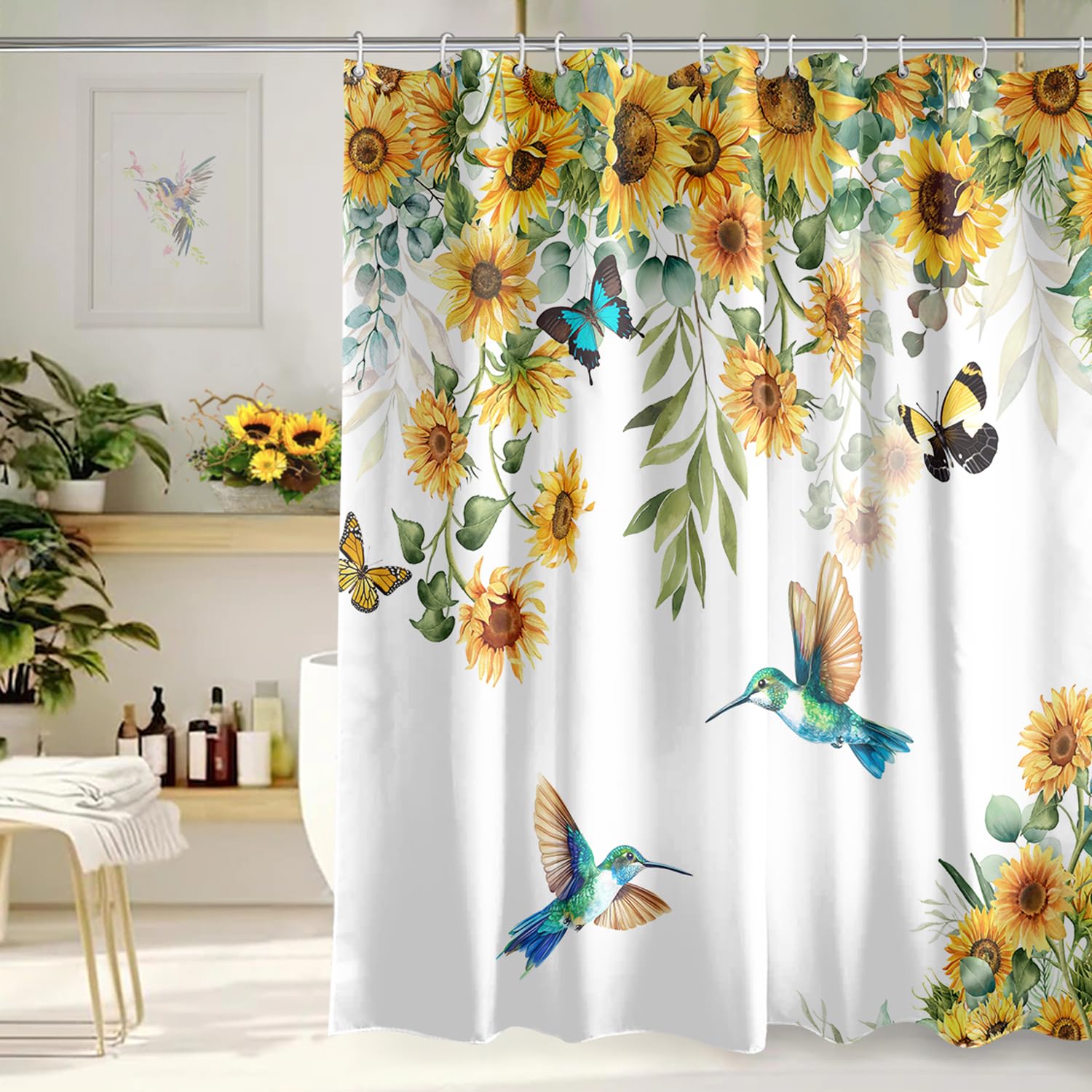 Kuyuayee Spring Summer Sunflower Shower Curtain 72x72 Inch Spring Hummingbird Shower Curtains for Bathroom with Hooks Spring Summer Seasonal Bathroom