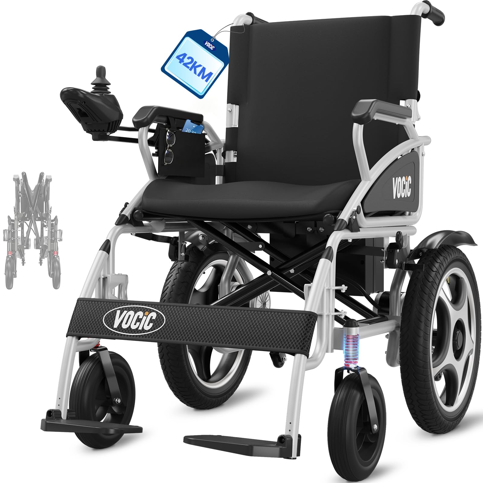 VOCIC Sedia a rotelle elettrica pieghevole leggera V58, sedia a rotelle elettrica fino a 150 kg, con pneumatici in gomma per esterni, 500 W, sedile morbido 46 cm, supporto 5 anni
