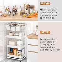 Vista 5 de JIUYOTREE 4-Tier Plastic Rolling Storage Cart Utility Cart with Extra Hanging Cups Handles Lockable Wheels for Living Room Bathroom Kitchen Office