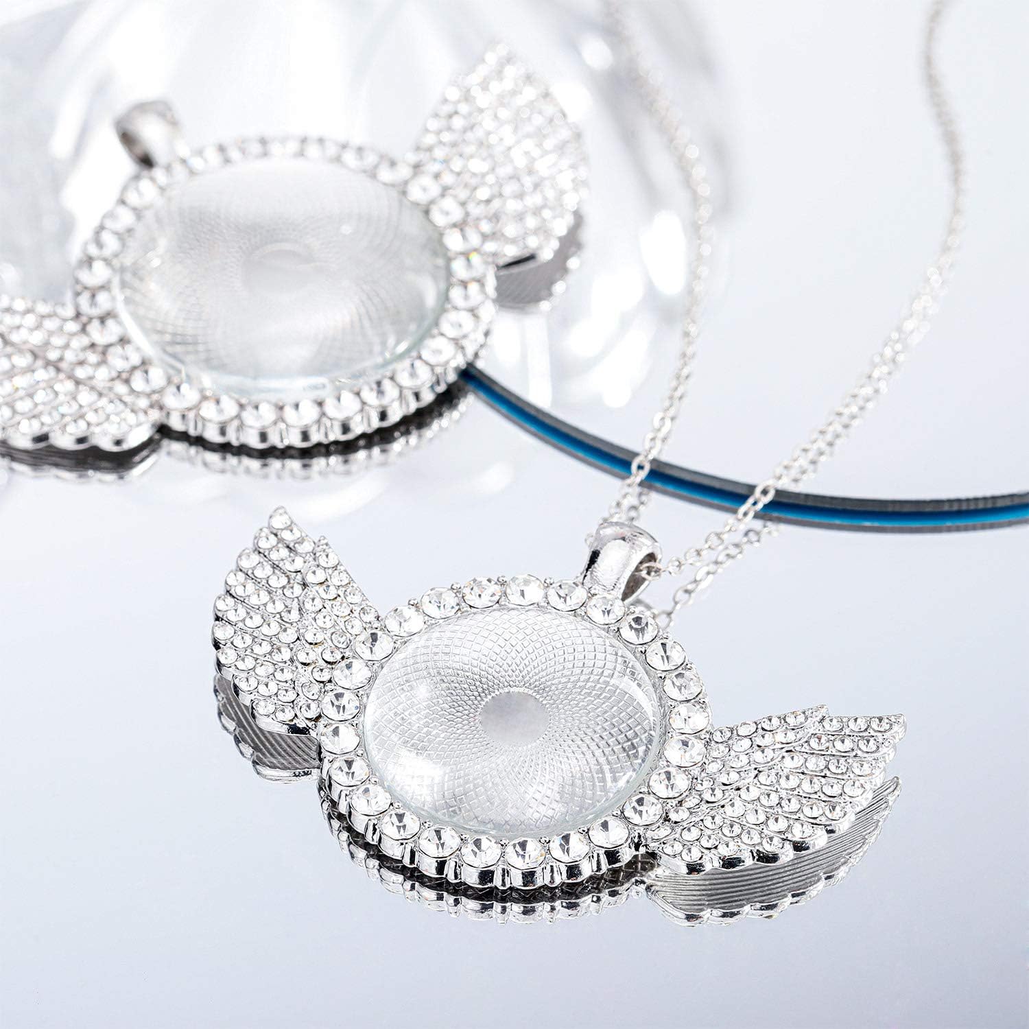 Hicarer 30 Pcs Rhinestone Bezel Wing Pendant Trays Set Include 15 Photo Pendant Tray with Wings and 15 Clear Glass Cabochons for Valentine Jewelry Making Gifts - Image 7