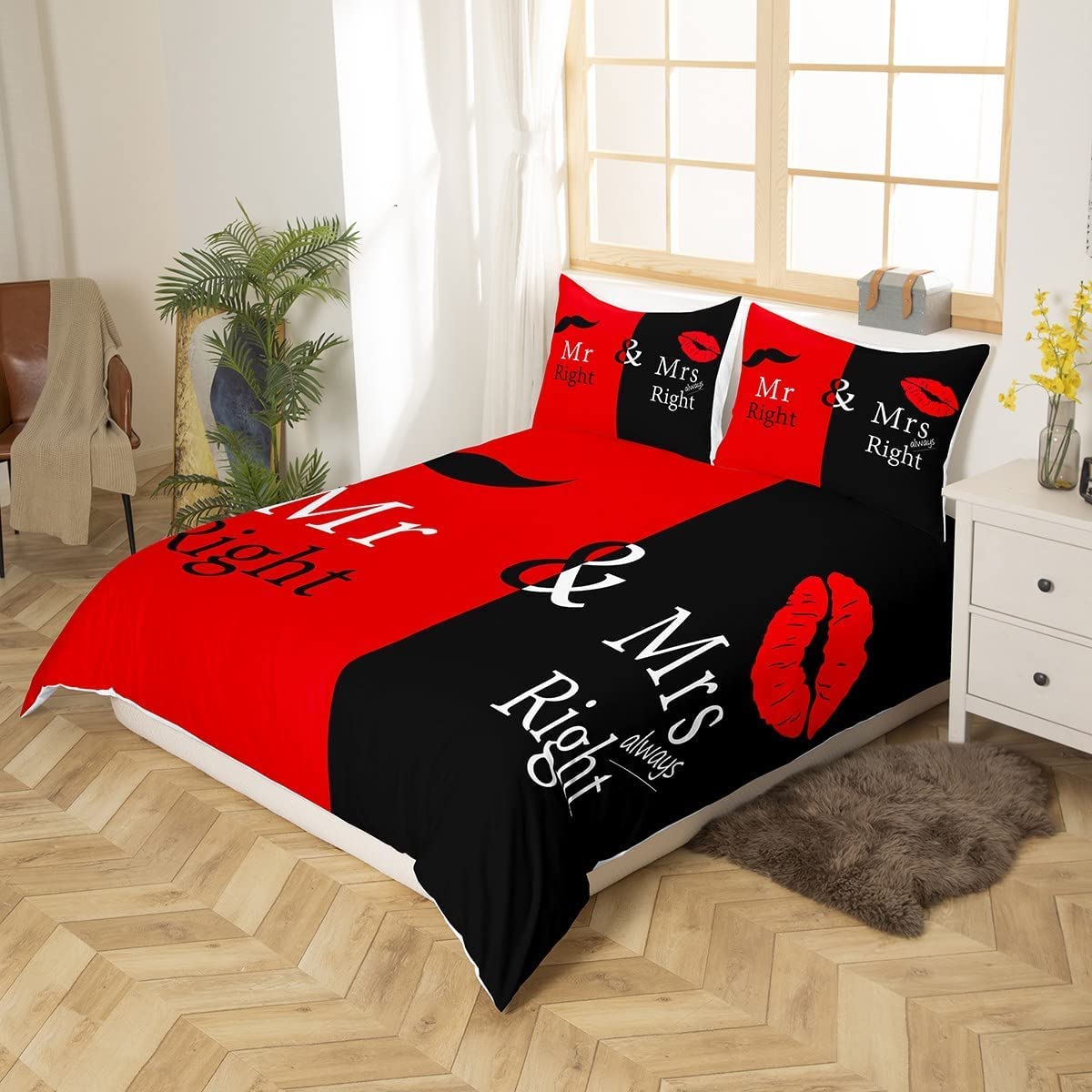 Loussiesd Mr Mrs Bedding Set Black Red Creative Duvet Cover Set Love Man Mustache Woman Lip Romance Bedding & Linen Funny White Quote for Lover Couple Valentine Day Home BedQuilt Cover King - Image 2