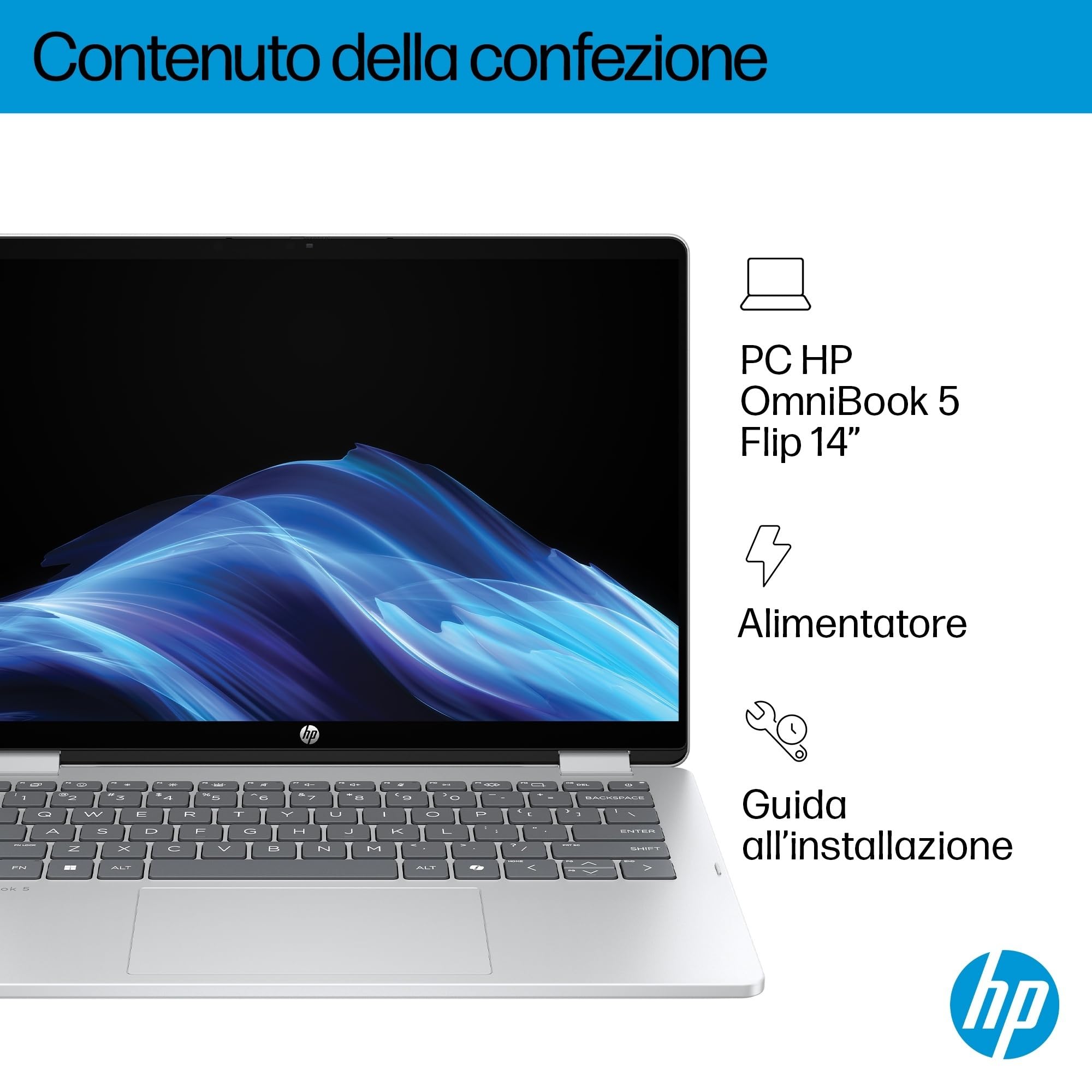 HP OmniBook 5 Flip x360 14-fp0001sl Convertibile, Intel Core i3 1315U, 8GB RAM, 512GB SSD, Display 14" 2K Touch IPS, Intel UHD Graphics, PrivacyCam TNR 1080p, Windows 11, Argento