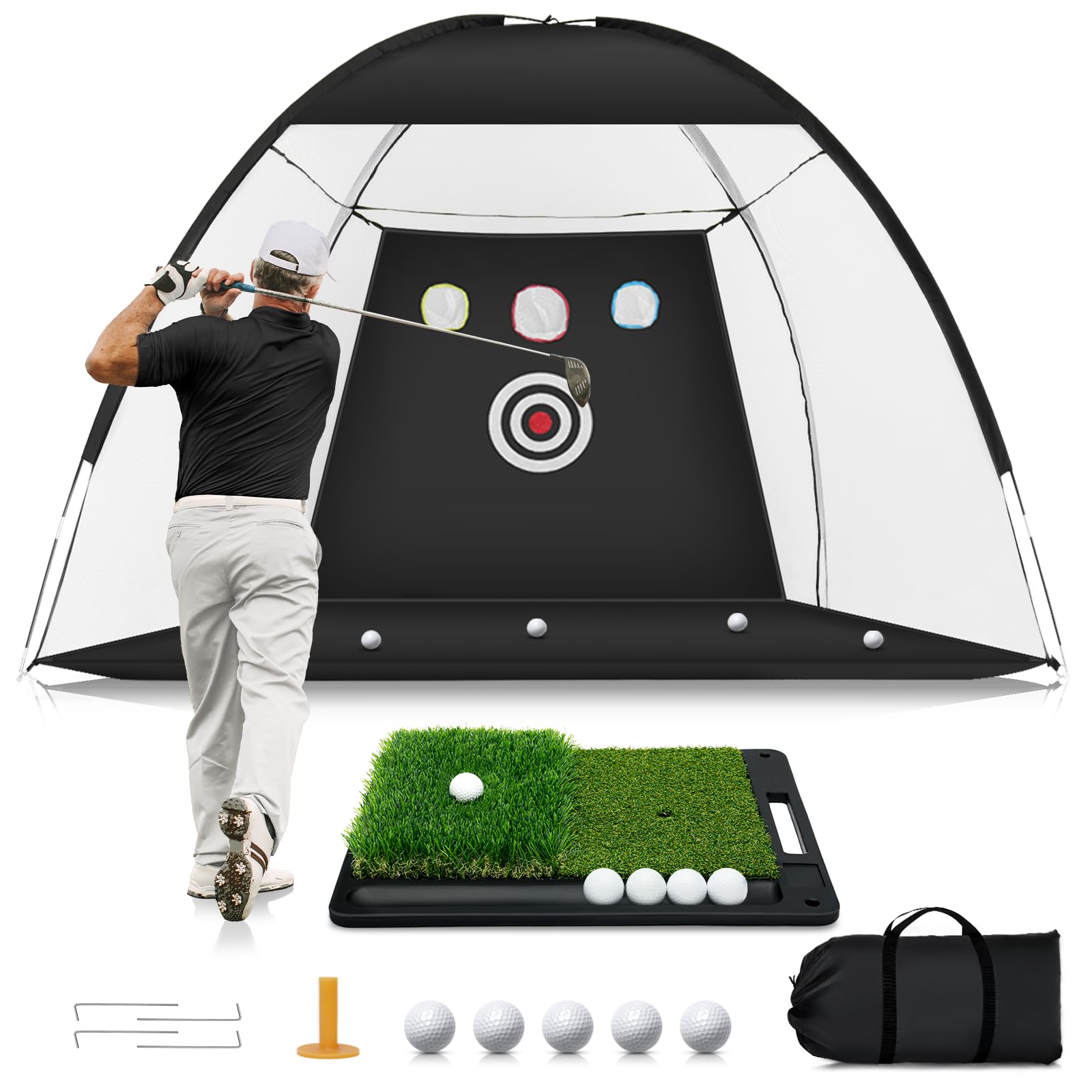 Golf Net: 10x7ft Golf Hitting Practice Net for Indoor & Outdoor Use with Heavy-Duty Base Dual-Turf Mat, Chipping Swing Training Mult-Target Nets for Backyard Driving, Gifts for Men Dad Husband Golfers