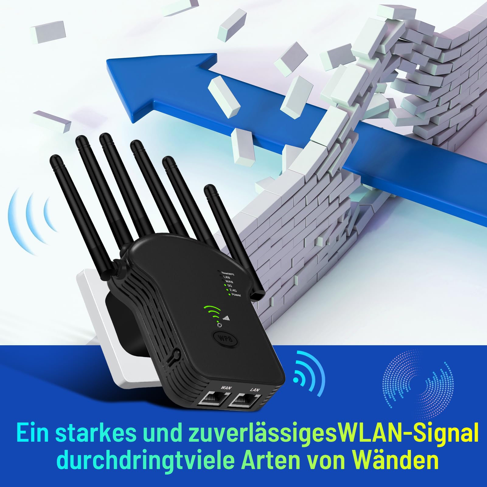Repetidor WLAN de 1200 Mbit/s, doble banda, WiFi Booster con repetidor/enrutador/modo de punto de acceso, 4 antenas, fácil configuración, extensor de alcance WiFi con puerto LAN/WAN